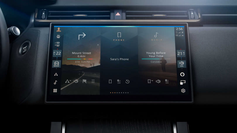 新世代Pivi Pro多媒體娛樂系統，全新的側邊欄位原先控制空調與座椅溫度和音量控制的實體按鈕，並設置常用功能的快捷鍵，包括前排乘客的個別溫度控制和地形反應模式等功能。（圖／Land Rover提供）