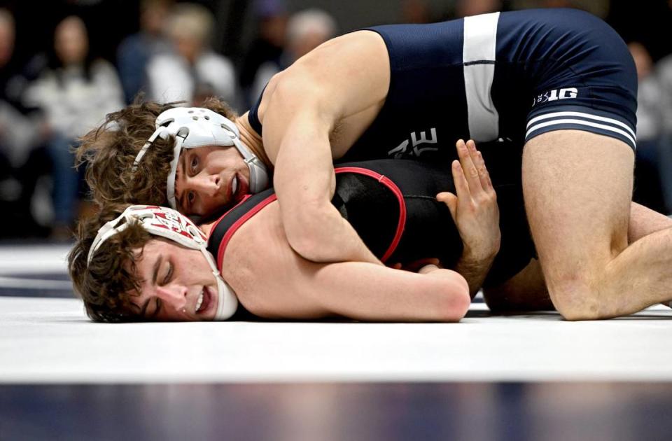 Penn State’s Levi Haines controls Indiana’s Zack Rotkvich in the 157 lb bout of the match on Sunday, Jan. 14, 2024 at Rec Hall.