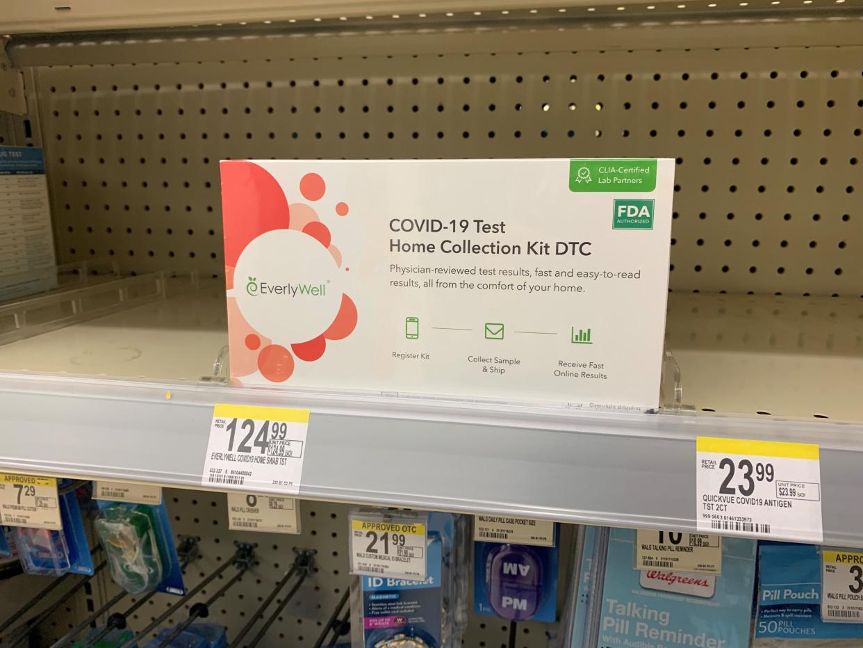 An EverlyWell brand COVID-19 test in stock at a local Walgreens is one of many different kinds of at-home tests residents can use as an alternative to waiting in line for testing.