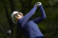 Madelene Sagstrom, of Sweden, hits off the 16th tee during the final round of the LPGA Cognizant Founders Cup golf tournament, Sunday, May 12, 2024, in Clifton, N.J. (AP Photo/Seth Wenig)