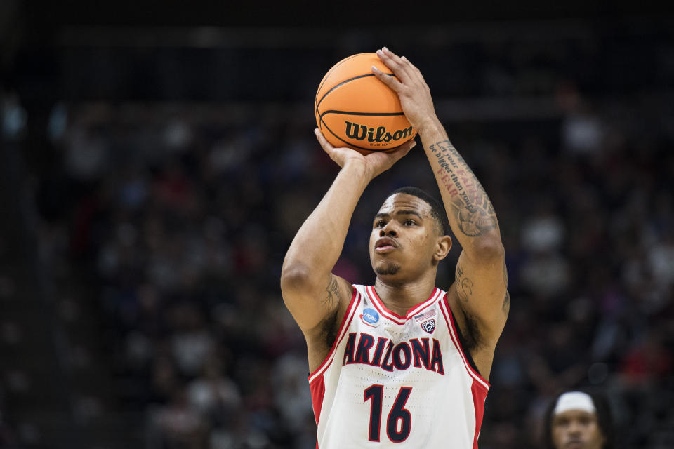 Arizona forward Keshad Johnson (16) takes a foul shot against Long Beach State during the first half of a first-round college basketball game in the NCAA Tournament in Salt Lake City, Thursday, March 21, 2024. (AP Photo/Isaac Hale)