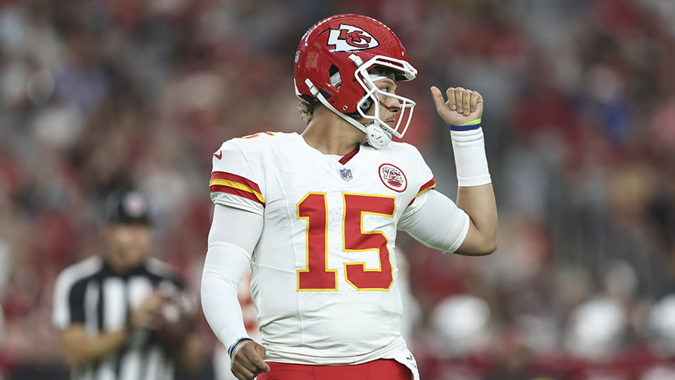 GLENDALE, ARIZONA - AUGUST 19: Patrick Mahomes #15 of the Kansas City Chiefs reacts during an NFL preseason football game between the Arizona Cardinals and the Kansas City Chiefs at State Farm Stadium on August 19, 2023 in Glendale, Arizona. (Photo by Michael Owens/Getty Images)