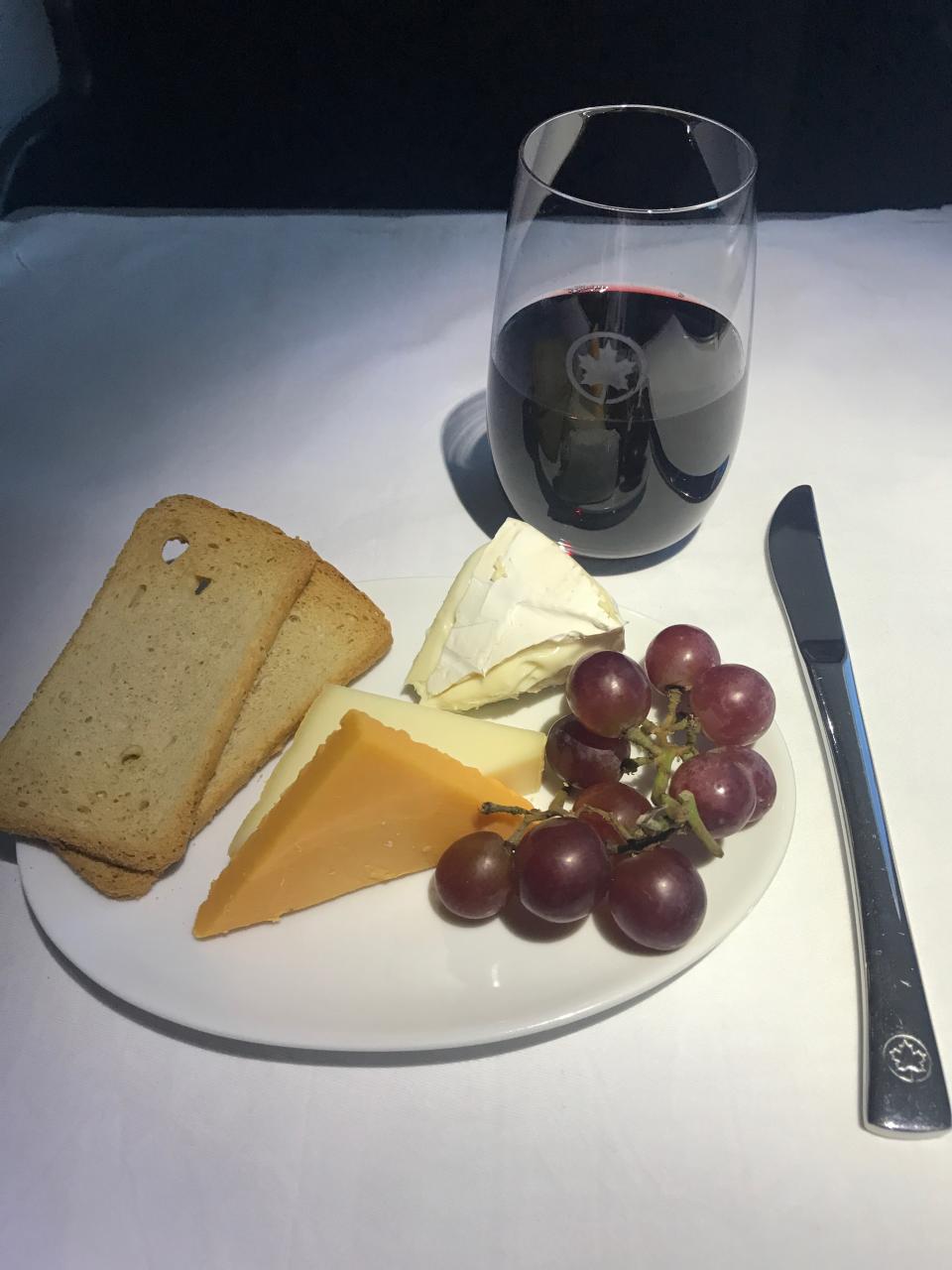 One of the only airlines to offer a cheese board on a North American flight. Photo: Yahoo Australia