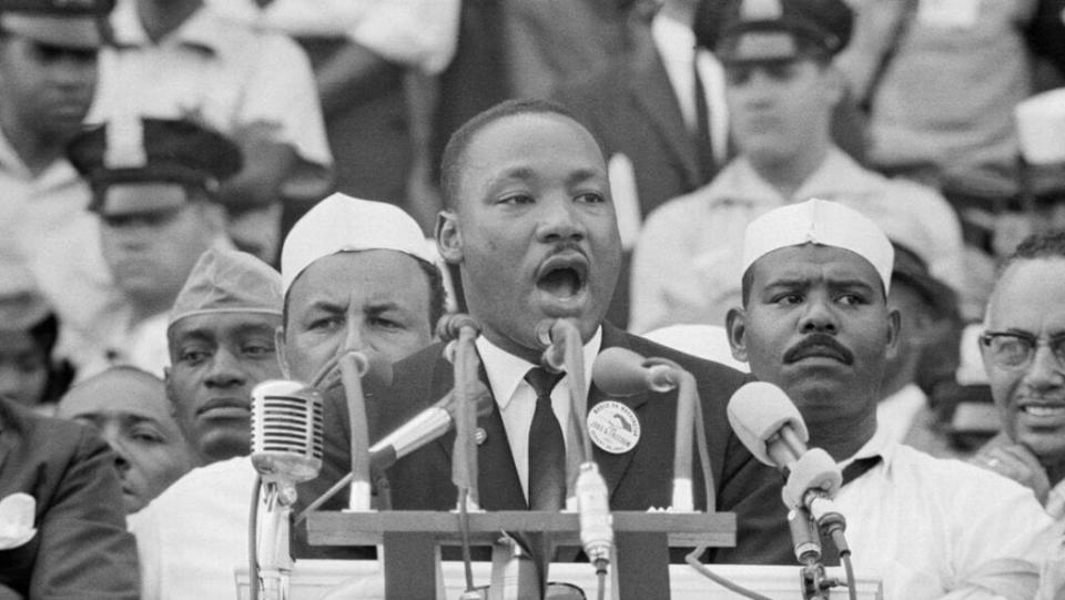 Dr. Martin Luther King, Jr. delivers his famous “I Have a Dream” speech in front of the Lincoln Memorial during the Freedom March on Washington in 1963. (Photo: Getty Images)