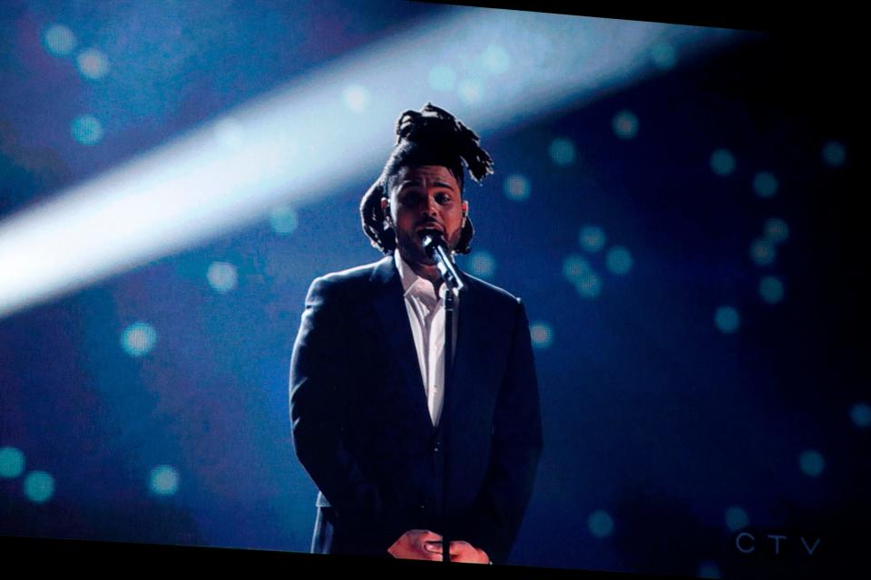 The Weeknd performs via video screen at the Juno Music Awards at Budweiser Gardens in London, Ontario, Canada, on March 17, 2019.