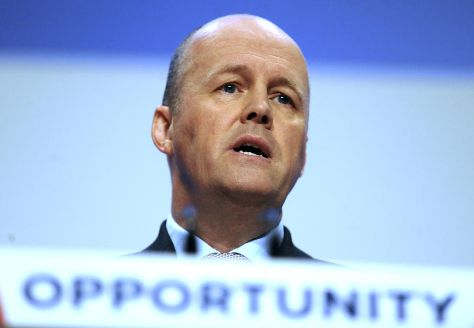 Leader of the Conservatives in the European Parliament Ashley Fox addresses delegates during a speech at the Conservative Party Conference at the ICC, in Birmingham, England, Monday, Oct. 1, 2018. (AP Photo/Rui Vieira)