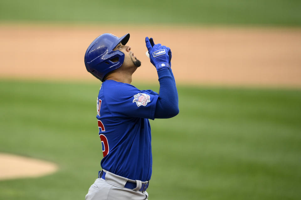 Chicago Cubs' Rafael Ortega celebrates his home run during the first inning of a baseball game against the Washington Nationals, Sunday, Aug. 1, 2021, in Washington. (AP Photo/Nick Wass)