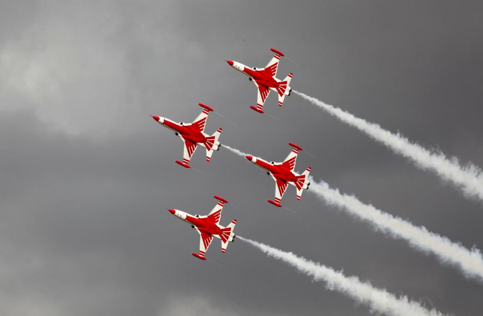 The Turkish Stars aerobatic team from the Turkish Air Force perform with supersonic NF-5 aircraft during a parade marking the 86th anniversary of Republic Day in Ankara in October 2009.