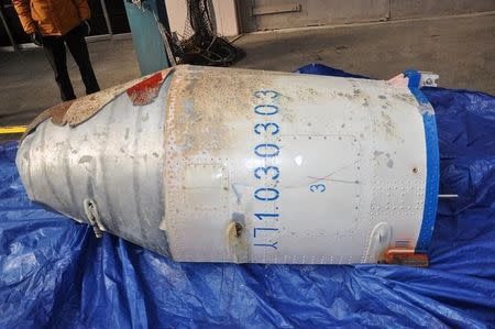 A metal object believed to be a part of North Korean long range rocket launched on February 7, 2016, is seen in this undated handout picture provided by South Korean Defense Ministry and released by Yonhap on February 9, 2016. REUTERS/Defense Ministry/Yonhap