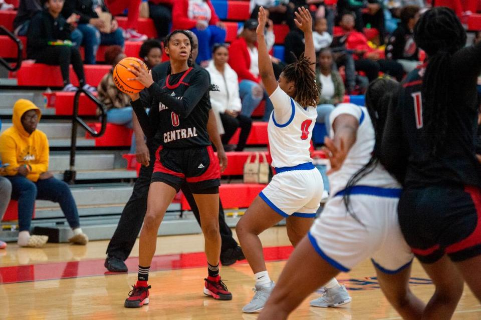 Harrison Central’s Anaisha Carriere looks for a pass during a game against Pascagoula at Pascagoula High School on Tuesday, Dec. 5, 2023.