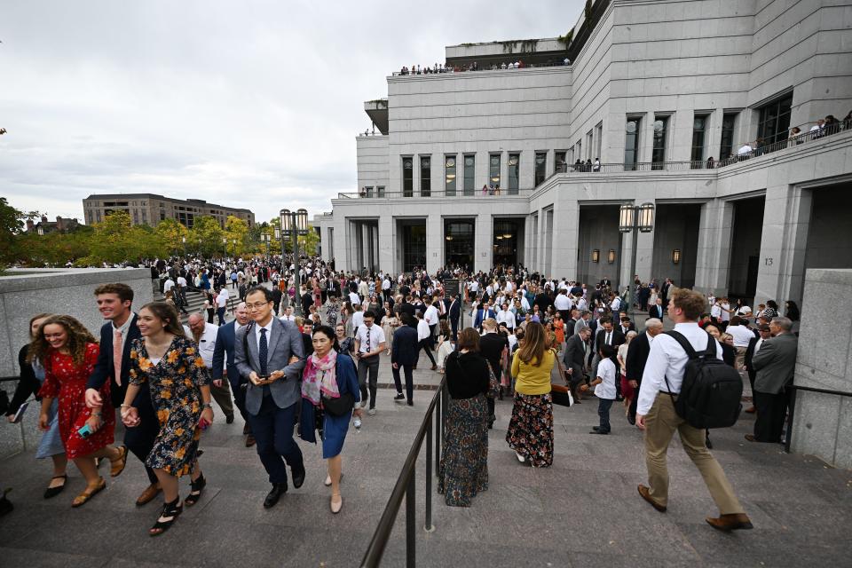 Conferencegoers exit after the Saturday afternoon session of the 193rd Semiannual General Conference of The Church of Jesus Christ of Latter-day Saints at the Conference Center in Salt Lake City on Saturday, Sept. 30, 2023. | Scott G Winterton, Deseret News