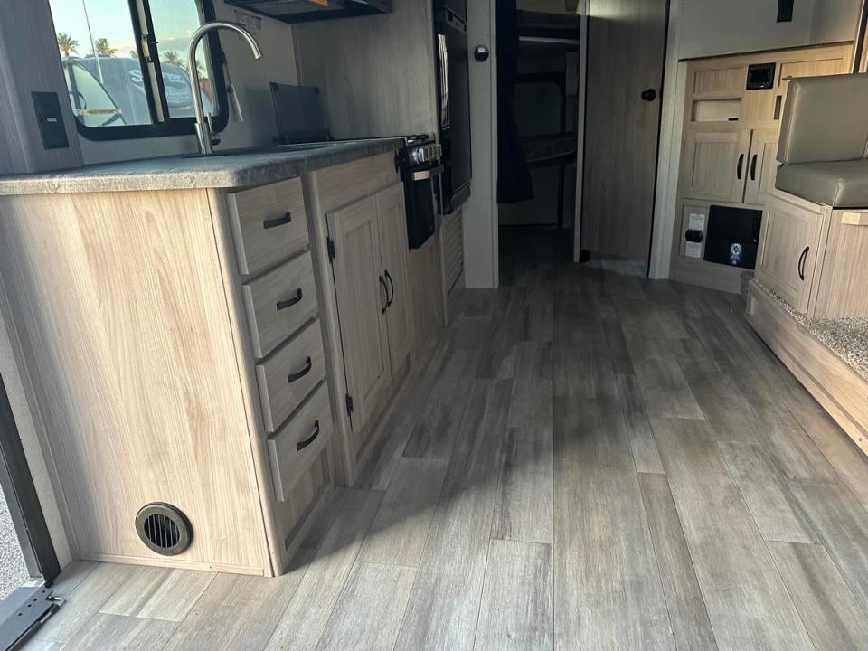 A view of the modern interior of a mobile home.