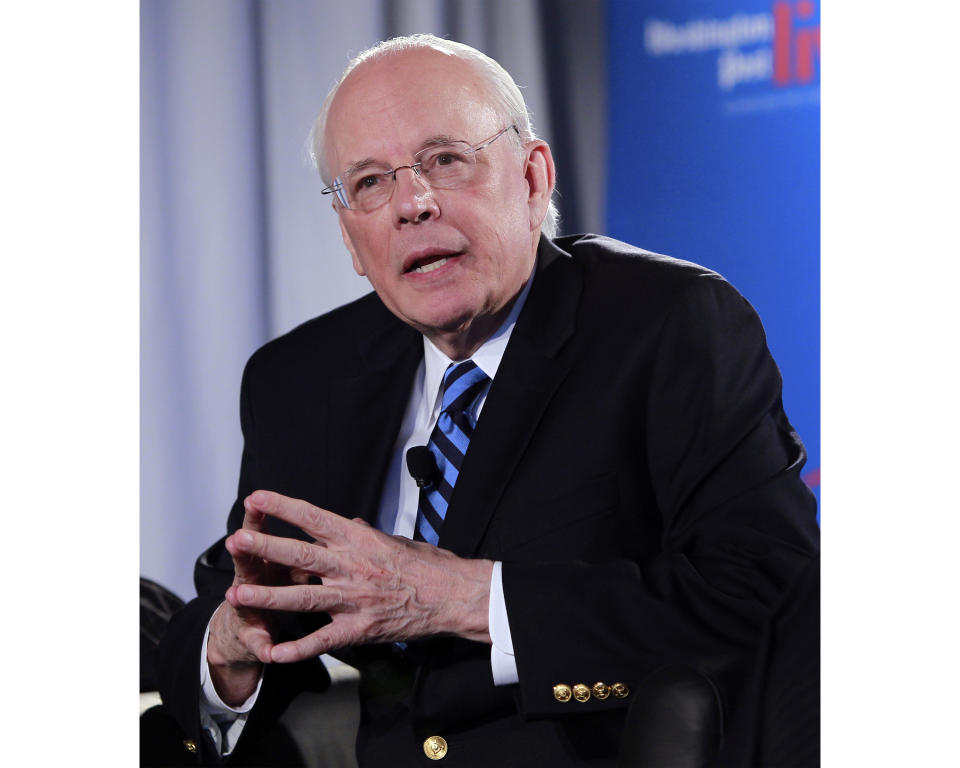 FILE - In this Monday, June 11, 2012 file photo, John Dean, White House counsel to President Nixon, speaks in Washington, D.C., during an event sponsored by the Washington Post to commemorate the 40th anniversary of Watergate. Michael Cohen's lawyer, Lanny Davis, has been talking with Dean over the last few months "to hear his wisdom, the lessons that he learned, and his reflections on what he saw Michael Cohen going through." (AP Photo/Alex Brandon, File)