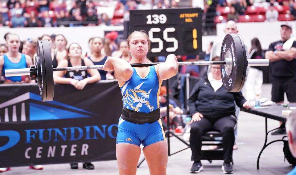 Martin County's Madison Montgomery competes in the clean-and-jerk event as part of the Olympic lifts portion of the FHSAA Girls Weightlifting Championships that took place on Saturday, Feb. 18, 2023 at the RP Funding Center in Lakeland.