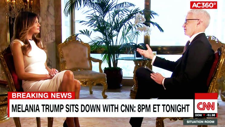 Melania Trump speaking with CNN’s Anderson Cooper. (Photo courtesy of CNN)