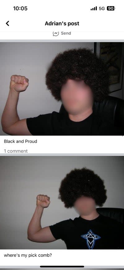 Photos that the Heiltsuk Tribal Council allege are from the Facebook account of Const. Adrian Robinson show a person who does not appear to be Black wearing what appears to be an afro wig.