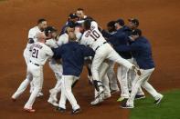 Oct 14, 2017; Houston, TX, USA; Houston Astros players celebrate after their win over the New York Yankees in game two of the 2017 ALCS playoff baseball series at Minute Maid Park. Mandatory Credit: Troy Taormina-USA TODAY Sports