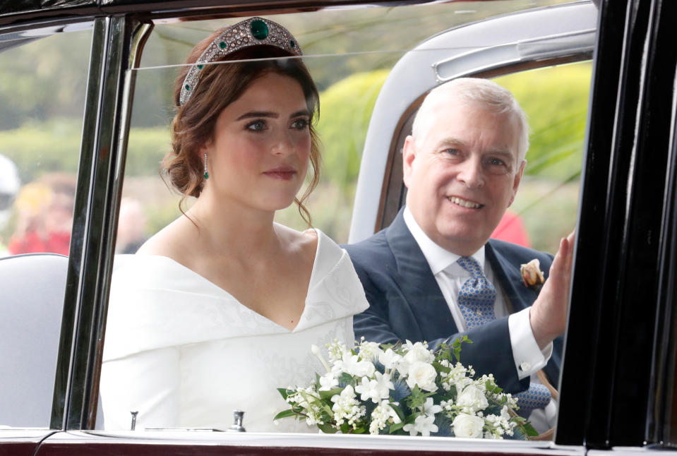 Princess Eugenie and Prince Andrew ahead of the Royal wedding of Princess Eugenie of York and Mr. Jack Brooksbank at St. George's Chapel on October 12, 2018 in Windsor, England.