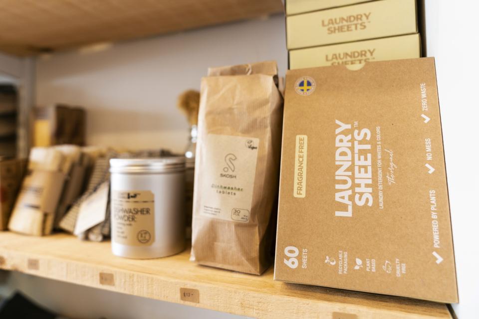 Boxes of laundry sheets are for sale at Good Buy Supply in Philadelphia, Tuesday, March 21, 2023. A growing number of companies are making bulky plastic jugs smaller or eliminating them with laundry sheets and concentrating the detergent or soap. (AP Photo/Matt Rourke)