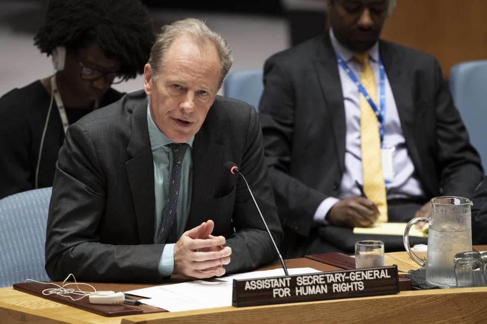 In this June 14, 2019, photo provided by the United Nations, Andrew Gilmour, assistant secretary-general for human rights, addresses the Security Council meeting on the situation in Sudan and South Sudan at U.N. headquarters. Gilmour says the past decade has seen backlash on human rights on every front, especially on the rights of women and the LGBT communities. (Evan Schneider/United Nations via AP)