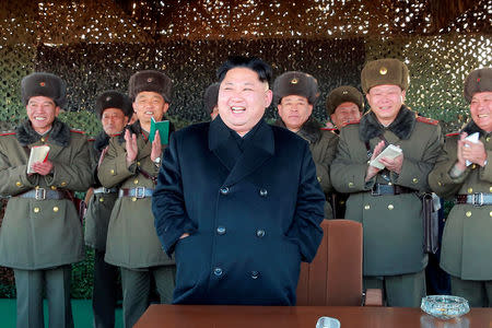 North Korean leader Kim Jong Un attends an intensive artillery drill of the KPA artillery units on the front in this image released by North Korea's Korean Central News Agency (KCNA) in Pyongyang December 2, 2016. KCNA/ via REUTERS