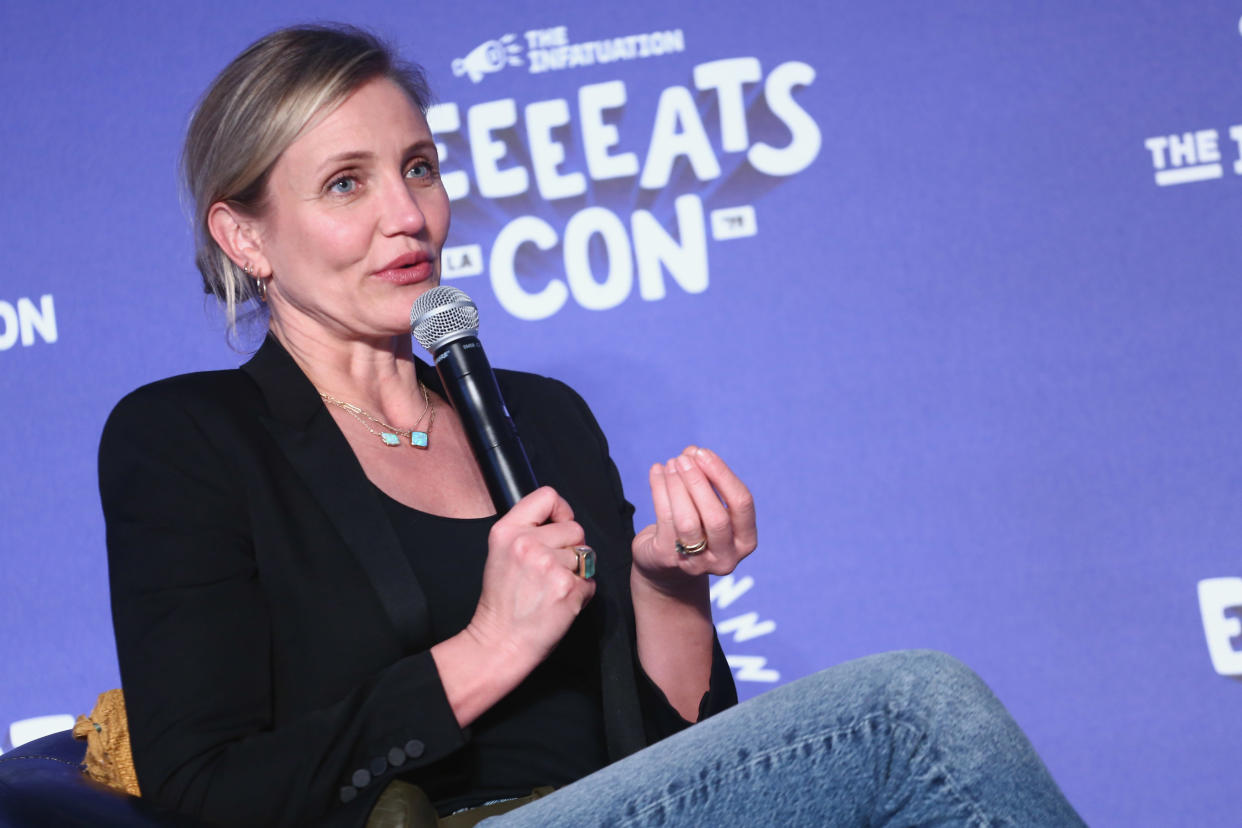 SANTA MONICA, CALIFORNIA - MAY 19: Cameron Diaz speaks onstage at EEEEEatscon 2019 at Barker Hangar on May 19, 2019 in Santa Monica, California. (Photo by Tommaso Boddi/Getty Images)