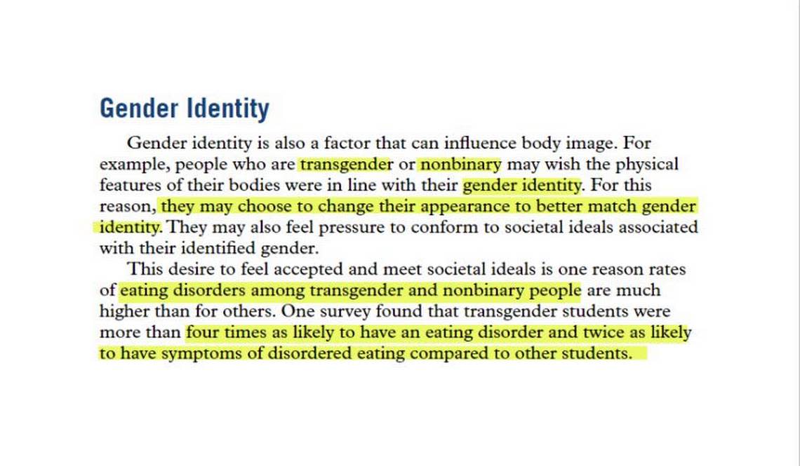 The County Citizens Defending Freedom objected to this passage about gender identity in the textbook, ‘Comprehensive Health Skills.’