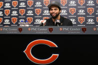 Chicago Bears No. 1 draft pick quarterback Caleb Williams speaks during an NFL football news conference in Lake Forest, Ill., Friday, April 26, 2024. (AP Photo/Nam Y. Huh)