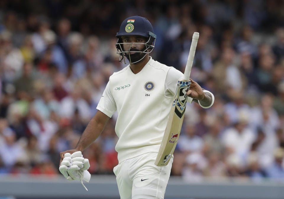 India's Lokesh Rahul leaves the pitch after being caught by England's Jonny Bairstow off the bowling of England's James Anderson during the second day of the second test match between England and India at Lord's cricket ground in London, Friday, Aug. 10, 2018. (AP Photo/Kirsty Wigglesworth)