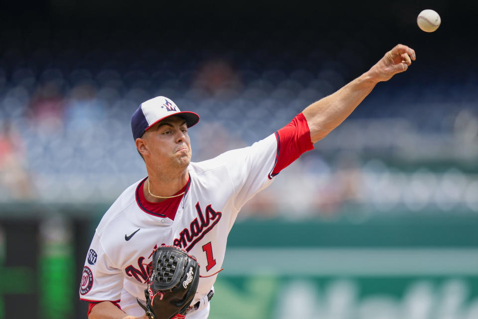 Washington Nationals starting pitcher MacKenzie Gore throws during the first inning of a baseball game against the Milwaukee Brewers at Nationals Park, Wednesday, Aug. 2, 2023, in Washington. (AP Photo/Alex Brandon)