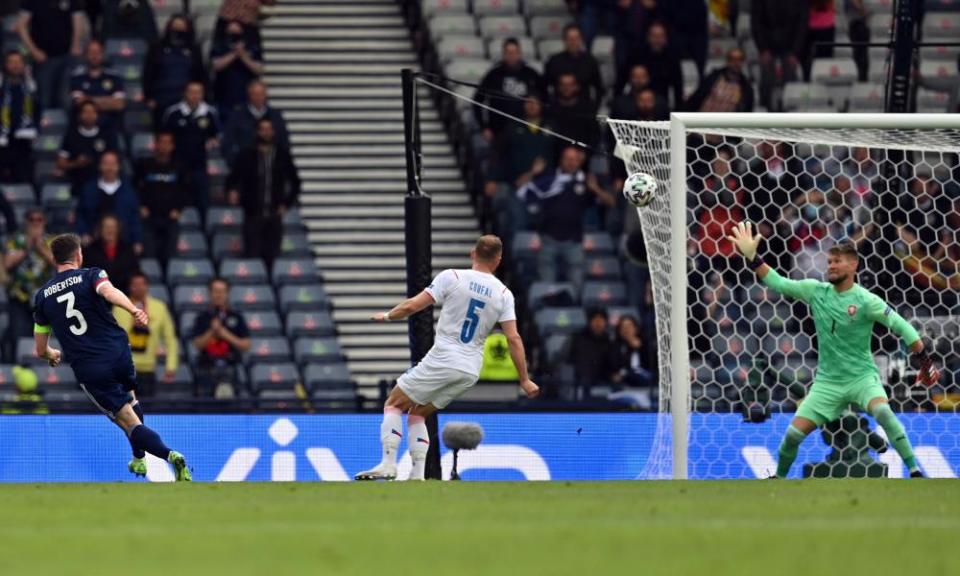 Andy Robertson draws a save from Czech Republic’s Tomas Vaclik in the first half