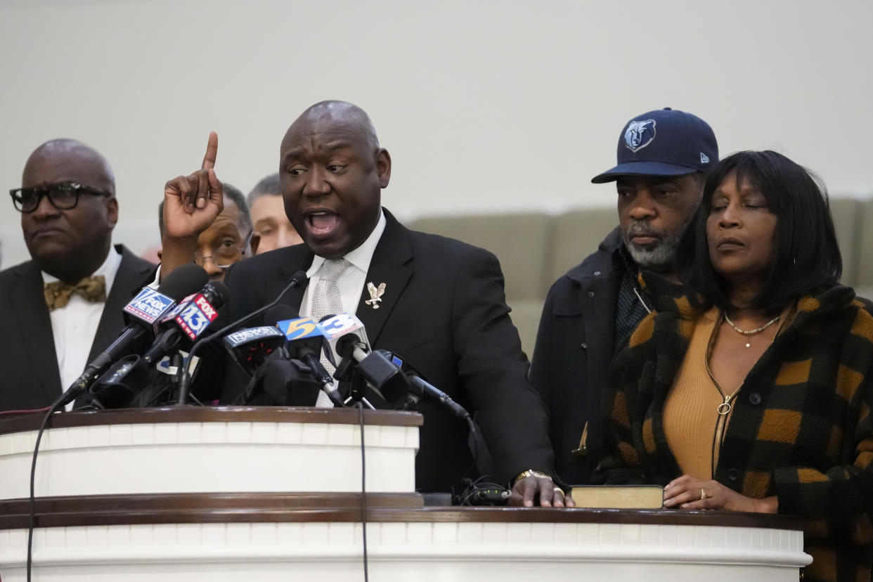 Civil rights attorney Attorney Ben Crump speaks at a news conference with RowVaughn Wells, mother of Tyre Nichols, who died after being beaten by Memphis police officers, and his stepfather Rodney Wells, in Memphis, Tenn., Friday, Jan. 27, 2023. (AP Photo/Gerald Herbert)