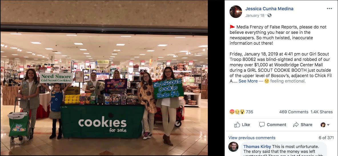 A parent shared this photo of a New Jersey Girl Scout troop that she says was robbed of $1,000 while selling cookies at a mall.