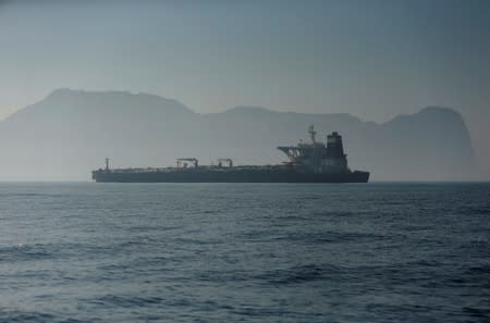 Iranian oil tanker Grace 1 sits anchored after it was seized in July by British Royal Marines off the coast of the British Mediterranean territory, in the Strait of Gibraltar