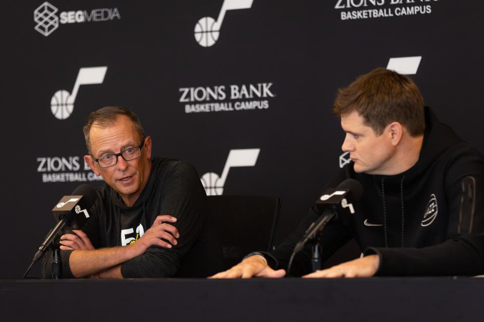 Utah Jazz general manager Justin Zanik, left, and head coach Will Hardy speak at a press conference at the Zions Bank Basketball Campus in Salt Lake City on Friday, Sept. 29, 2023. | Megan Nielsen, Deseret News