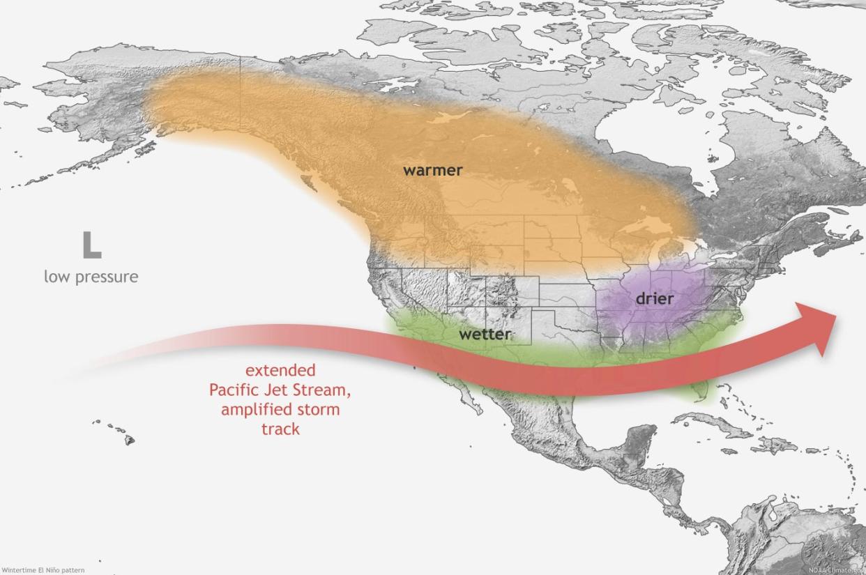 Here's how El Nino typically impacts U.S. winter weather.  However, not all impacts occur during every event, and their strength and exact location can vary.
