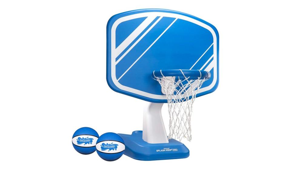 A poolside water basketball hoop