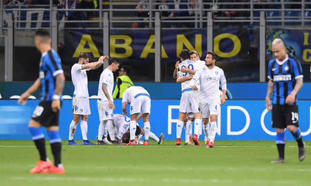 Soccer Football - Serie A - Inter Milan v Empoli - San Siro, Milan, Italy - May 26, 2019 Empoli's Hamed Junior Traore celebrates scoring their first goal with Giovanni Di Lorenzo and team mates REUTERS/Alberto Lingria