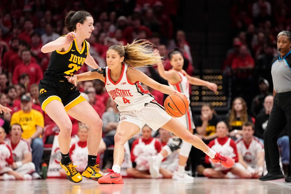 Ohio State guard Jacy Sheldon dribbles past Iowa's guard Caitlin Clark during the Buckeyes' 100-92 win in January.