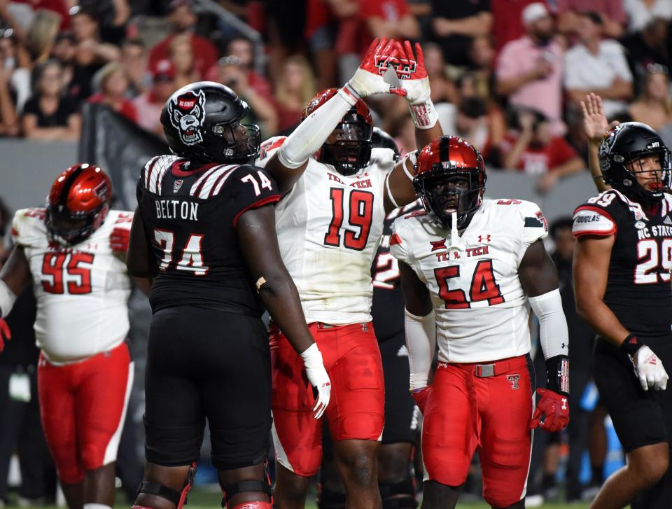 Texas Tech Red Raiders linebacker Tyree Wilson (19) reacts after a sack during the first half against the Texas Tech Red Raiders at Carter-Finley Stadium.
