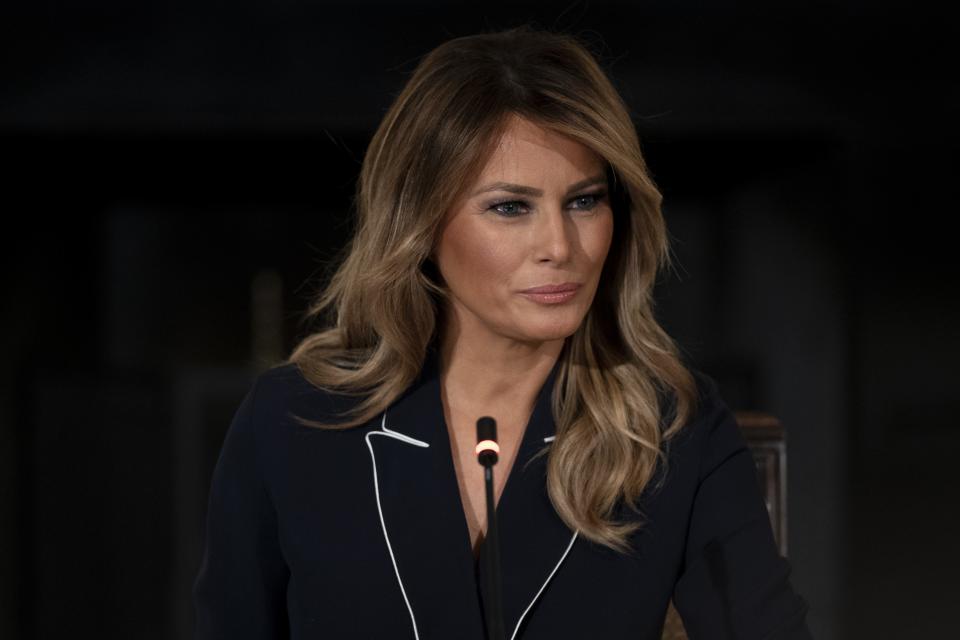 First lady Melania Trump attends a meeting in the State Dining Room of the White House on July 23, 2020.