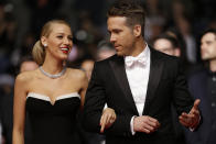 Actor Ryan Reynolds and his wife Blake Lively arrive for the screening of Captives at the 67th international film festival, Cannes, southern France, Friday, May 16, 2014. (AP Photo/Thibault Camus)