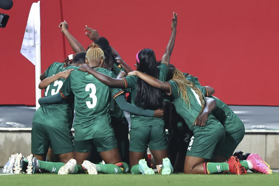 Zambian players celebrate after scoring their side’s second goal during the women’s international soccer match between Germany and Zambia at Sportpark Ronhof Thomas Sommer in Furth, Germany, Friday July 7, 2023. (Daniel Karmann/dpa via AP)