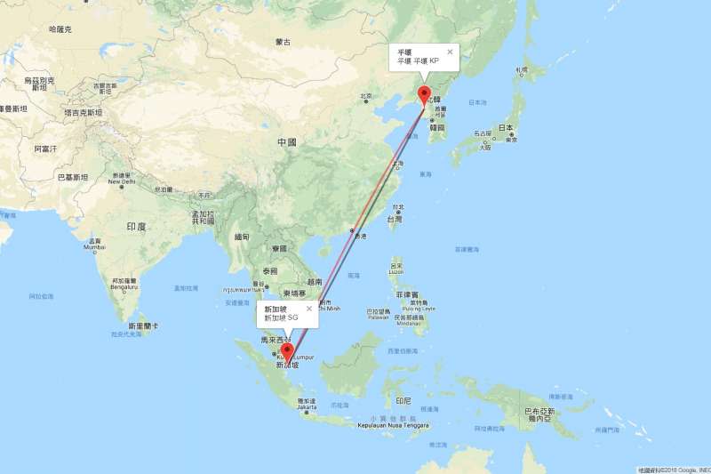 平壤飛新加坡（https://www.distancecalculator.net/）