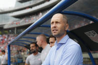 United States head coach Gregg Berhalter stands on the sideline before an international friendly soccer match against Venezuela, Sunday, June 9, 2019, in Cincinnati. (AP Photo/John Minchillo)