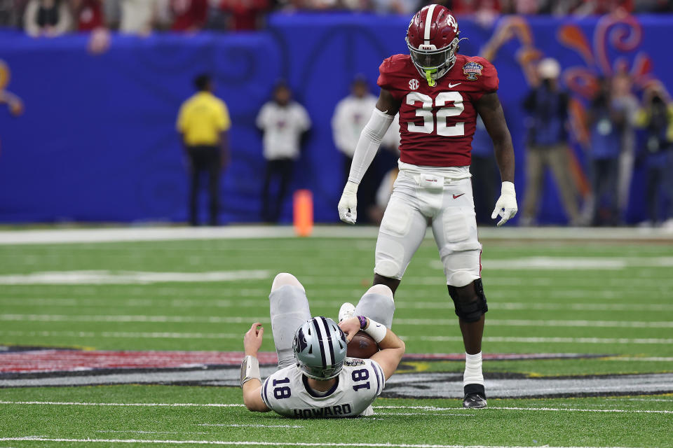 Dec 31, 2022; New Orleans, LA, USA; Alabama Crimson Tide defensive back Terrion Arnold (3) reacts after bringing down Kansas State Wildcats quarterback Will Howard (18) during the first half in the 2022 Sugar Bowl at Caesars Superdome. Mandatory Credit: Stephen Lew-USA TODAY Sports