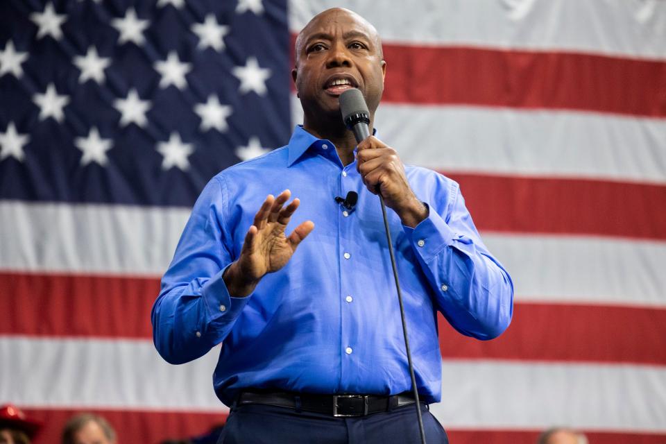 Republican presidential candidate Tim Scott delivers his speech announcing his candidacy for president of the United States on the campus of Charleston Southern University in North Charleston, S.C., Monday, May 22, 2023.