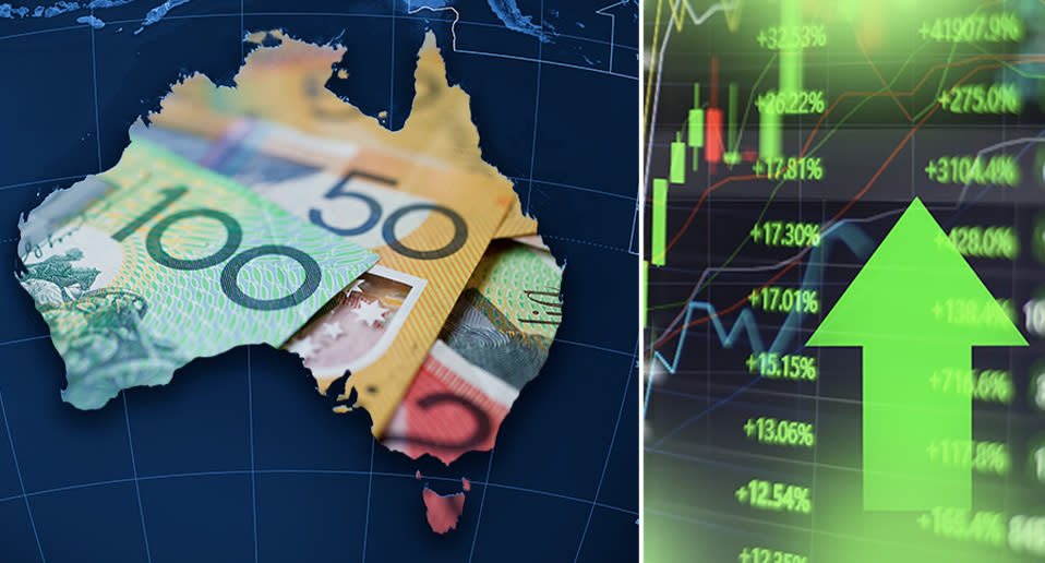 GDP: Edited image of Australian dollars inside outline of Australia with a graph showing numbers rising.