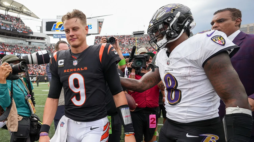 The Cincinnati Bengals' Joe Burrow and the Ravens' Lamar Jackson