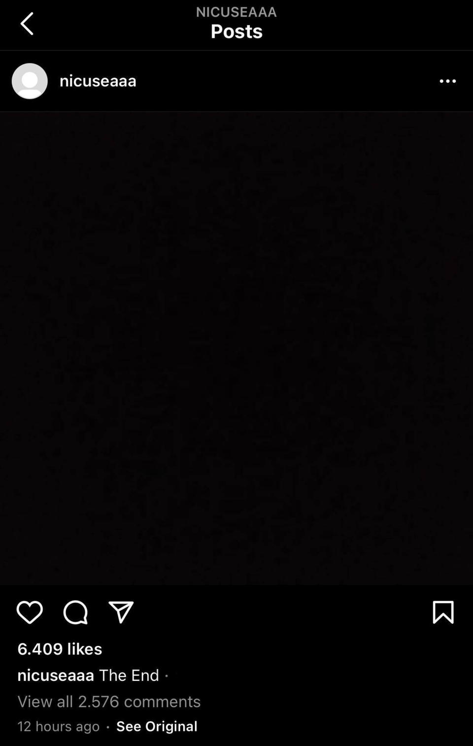 The post from Nicuseaaa's Instagram page showing a black image and the caption: 